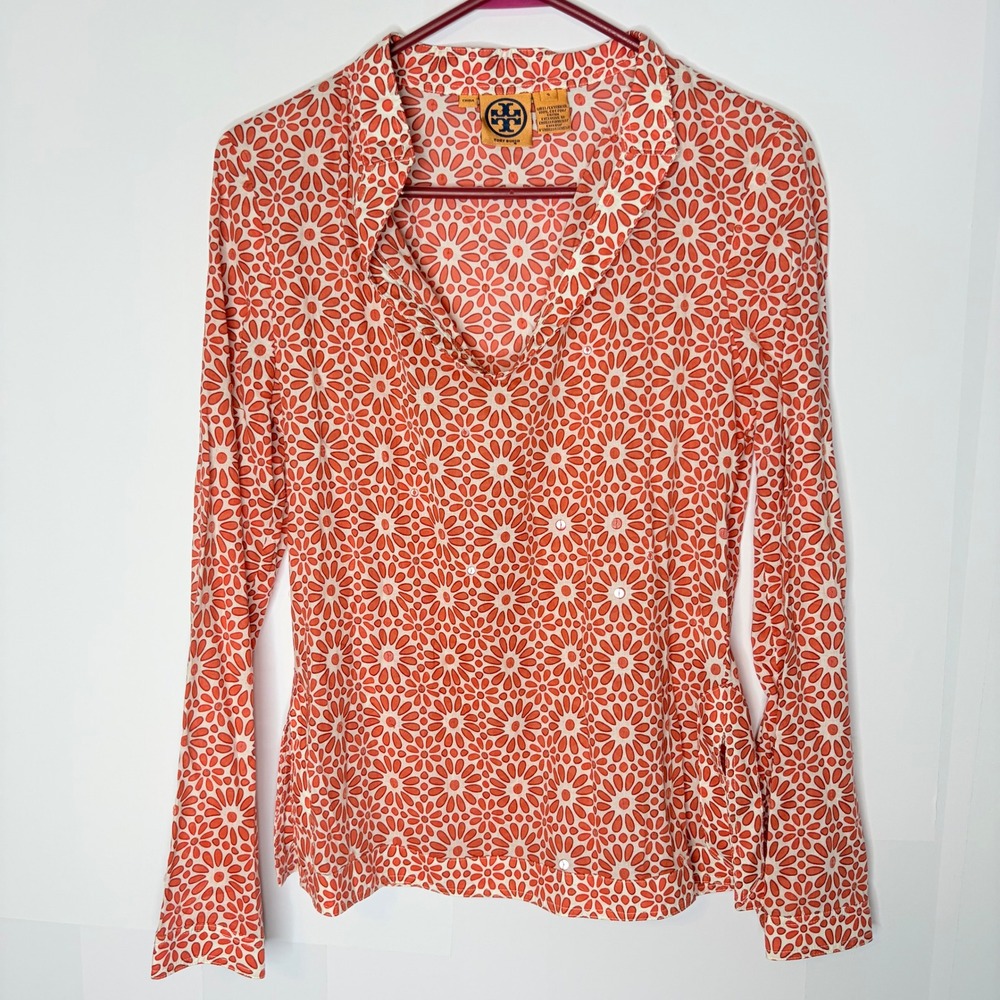 Tory Burch Blouse 4 Boho Orange White Sequin Floral Cotton Long Sleeve Button Up